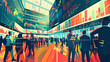 Vibrant flat illustration of a bustling stock market, with charts and investors