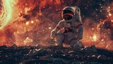 Fototapeta  - Astronaut in space suit on the background of burning planet. Space exploration concept