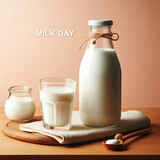 Fototapeta Kwiaty - World Milk Day, Vector illustration, World Milk Day poster, Milk Day, glass milk bottle | Happy World Milk Day poster, and spilled milk vector, Happy Milk Day, poster, bottle, glass, post, vector,