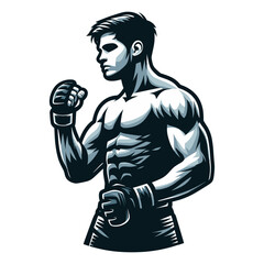 Wall Mural - Man mixed martial arts athlete half body vector illustration, MMA sport fighter, octagon combat, punching with fist, kicking strike. design template isolated on white background