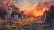 A watercolor painting of a serene cemetery landscape, with rows of white headstones bathed in the warm glow of the setting sun.