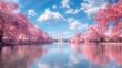 A panoramic image of the National Mall in Washington, D.C., with the Lincoln Memorial and Washington Monument standing tall against a backdrop of cherry blossoms.