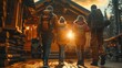 A family of parents and children arriving at a wooden house in winter cabin with backpacks and suitcases. sunset in winter