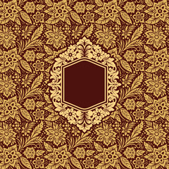 Indian wedding invitation design with frame on seamless pattern. Vector illustration.