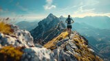 Fototapeta Na sufit - Hikers on mountain trails enjoy breathtaking mountain views amidst natural beauty. Runner or person exercising in the morning at sunrise.