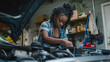 a woman in her garage, working on her car engine with the car hood open, Blur effect in the background