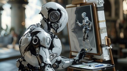 Wall Mural - A robot painting on a canvas with an easel in front of it, AI