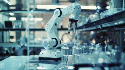 Poster - A robot is sitting on a table in front of many glass bottles, AI