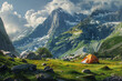 Peaceful mountain scenery with a tent nestled in a tranquil alpine meadow.