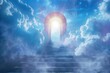 Heavenly stairway leading to glowing gates of Paradise, spiritual ascension concept illustration