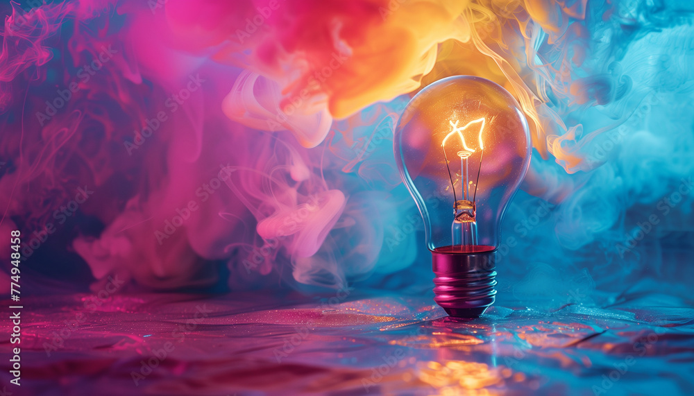 Illuminated light bulb with red and blue smoke around it, symbolizing ...