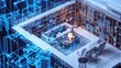 Present an isometric view of a smart home library 