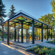 a modern pavilion, amorph structure, glass facade, steel structure, walkable green roof, light colors, sunny day