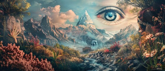 Wall Mural - A surreal valley where each stone and plant is imbued with esoteric symbols, including the all-seeing eye watching over from the mountain peak, and streams of mystical energy flowing through the land.