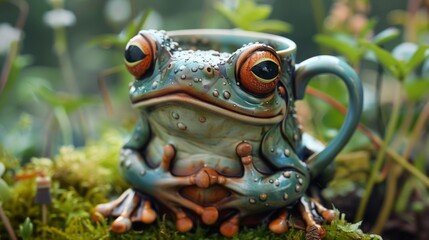 Canvas Print - A ceramic frog sitting in a mug on top of moss, AI