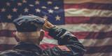 Fototapeta  - Rear view of a veteran saluting the American flag. Celebrating US National Holidays.