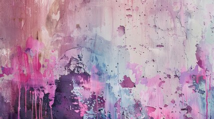 Wall Mural - Abstract beauty of messy paint strokes and smudges on an old wall, featuring a spectrum of pink, purple, and blue colors in expressive drips and flows.
