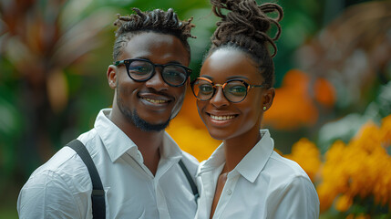 Happy African couple wearing glasses and smiling in a lush garden.