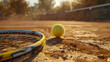 Tennis racket and ball on the court. Close-up. AI.
