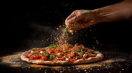 Poster - The chef sprinkles pizza seasoned oregano. Generative AI