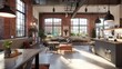 An open-plan studio with high ceilings, large windows, and exposed brickwork. 