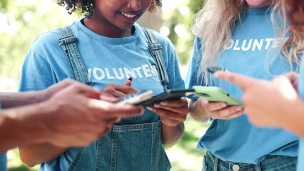 Canvas Print - Park, volunteer and smartphone in group with smile for social media, teamwork or charity website. Friends, happy and typing on technology for online update, notification or communication on earth day