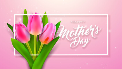 Sticker - Happy Mother's Day Banner or Postcard with Spring Tulip Flower and Paper Heart on Violet Background. Vector Celebration Design Template with Typography Lettering for Greeting Card, Flyer, Invitation