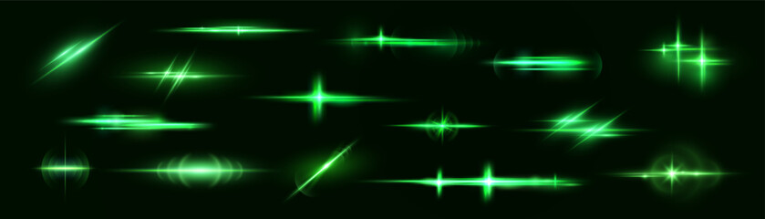 Wall Mural - Realistic light reflections, neon illumination in green  colors. Bright light lens. Police light effects, lines. Shiny stars, glowing sparks on a black background. Vector	