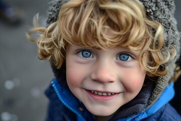 Portrait of a cute little boy with blue eyes in winter clothes