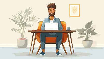 Wall Mural - Mature man using laptop with head phones in living room. Happy confident senior male adult resting at home working on pc. Flat style. vector, illustration