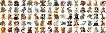 Big Set Of Cute Fluffy Animal Dolls For Nursery And Children Toys, Many Animal Plush Dolls Photo Collection Set, Isolated Background AIG44