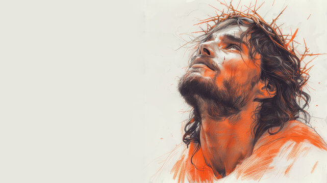 Orange watercolor of A man with long hair and beard resembling Jesus Christ