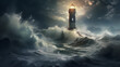 a lighthouse in the middle of a stormy sea with a light on it. 