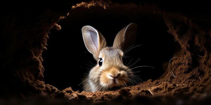 Rabbit looking out of a hole in the ground with a black background