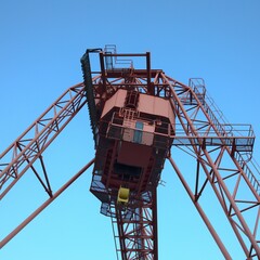 Low-angle shot of a metallic construction crane in the background of a blue sky