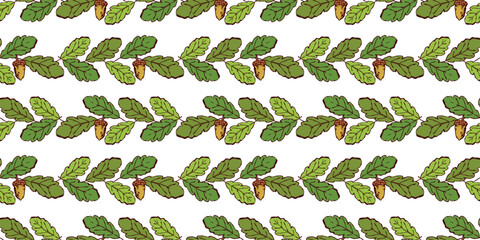 Wall Mural - Oak leaves, acorns, green, rows, hand drawn vector illustration, deciduous tree,  seamless pattern, white background,wallpaper, paper, textile