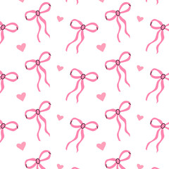Seamless pattern with pink bows and hearts. Gift ribbons in hand drawn and flat styles. Fashionable vector illustration. Hair accessory. Bows for gift wrapping.