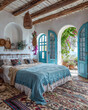 Interior of a rural Greek house, bedroom with boho decor, rough walls and wooden beams