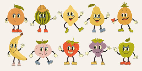 Fruit retro funky cartoon characters. Groovy fruits set. Hand draw Funny Retro vintage trendy style fruits cartoon character.Groovy summer vector illustration. Fruits juicy sticker pack.