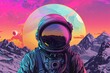 a astronaut in a space suit with a mountain and a sunset