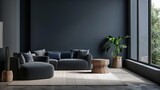 Fototapeta  - Moody elegance: navy blue and gray designed living room or business lounge with blank wall mockup for custom backgrounds