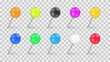 © Little Monster 2070 - Sewing needle or plastic push pins tacks for paper notice. Set of colorful push pin tack in different foreshortening isolated on transparent background. Realistic thumbtacks. Vector illustration.