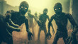 Humanoid figures with glowing eyes emerging from a foggy background, creating a spooky atmosphere.