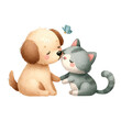 A delightful illustration showcasing a tender moment between a golden puppy and grey kitten as they share a loving kiss, with a butterfly flying above them.