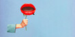 Poster. Contemporary art collage. Female hand hold flower with lips with red lipstick instead of blossom against blue background. Concept of inspiration, surrealism, fashionable. Pop art.