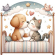Adorable illustration of a golden puppy and grey kitten exchanging a tender kiss, with a butterfly above them.