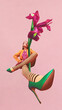 Poster. Contemporary art collage. Surreal image of woman with striped tights, high heels and sitting with oversized flower. Concept of inspiration, surrealism, fashionable, femininity. Pop art.