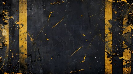 Wall Mural - Dynamic yellow color strokes forming abstract painted frame on textured black backdrop