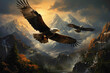 Regal eagles soaring above a garden landscape, their majestic wingspan and powerful presence captured in a breathtaking high-definition moment.