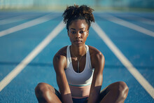 An African American Female Athlete Engages In Warm-up Exercises, Sitting On The Olympic Blue Track, Embodying The Concept Of Race Training And Dedication In Sports